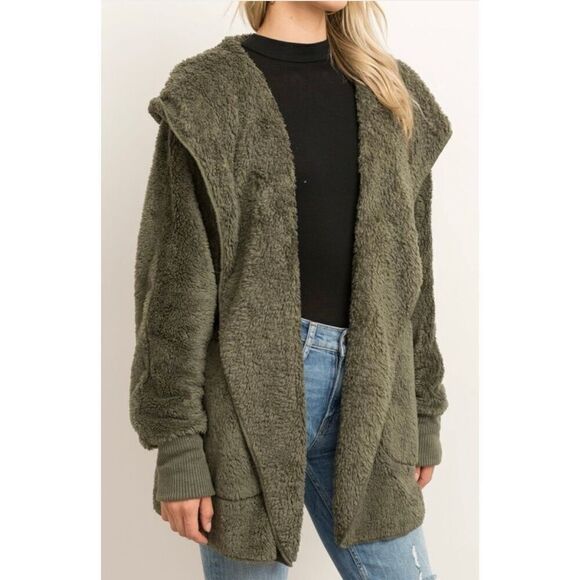 HEM & THREAD PLUSH FUZZY HOODED JACKET W/ POCKETS OLIVE WOMEN’S ONE SIZE - Picture 1 of 8